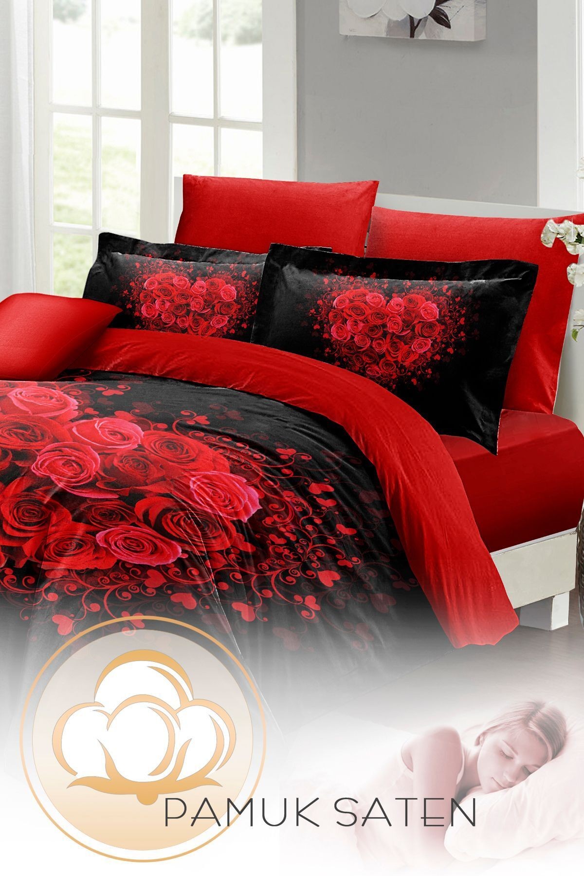Çeyizlik Kalpli 3d Nevresim Takımı | %100 Pamuk Saten Rose Black Çift Kişilik