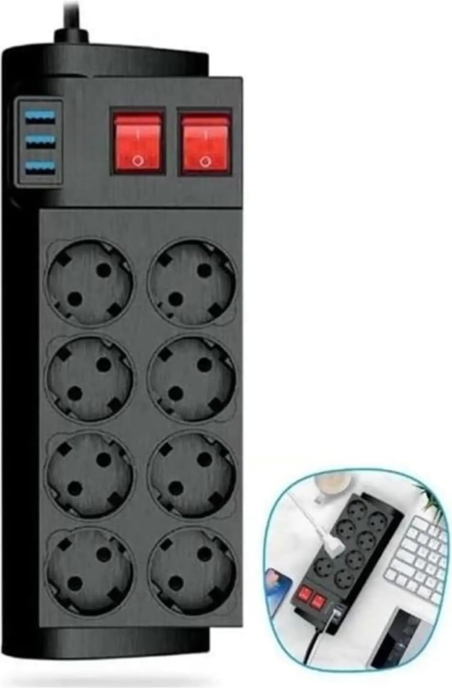 Termal Akım Korumalı Isıya Karşı Dayanıklı 8'li Priz Kablo Uzunluğu 2 mt 3 x Usb