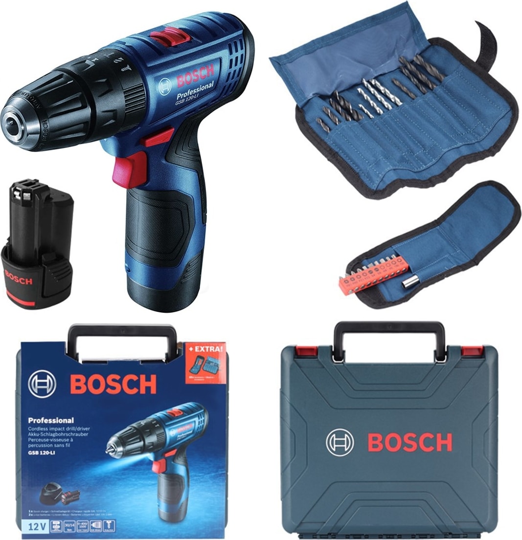 BOSCH Professional GSB 120 LI 2 AH Çift Akülü Darbeli Delme Vidalama + Aksesuar Seti