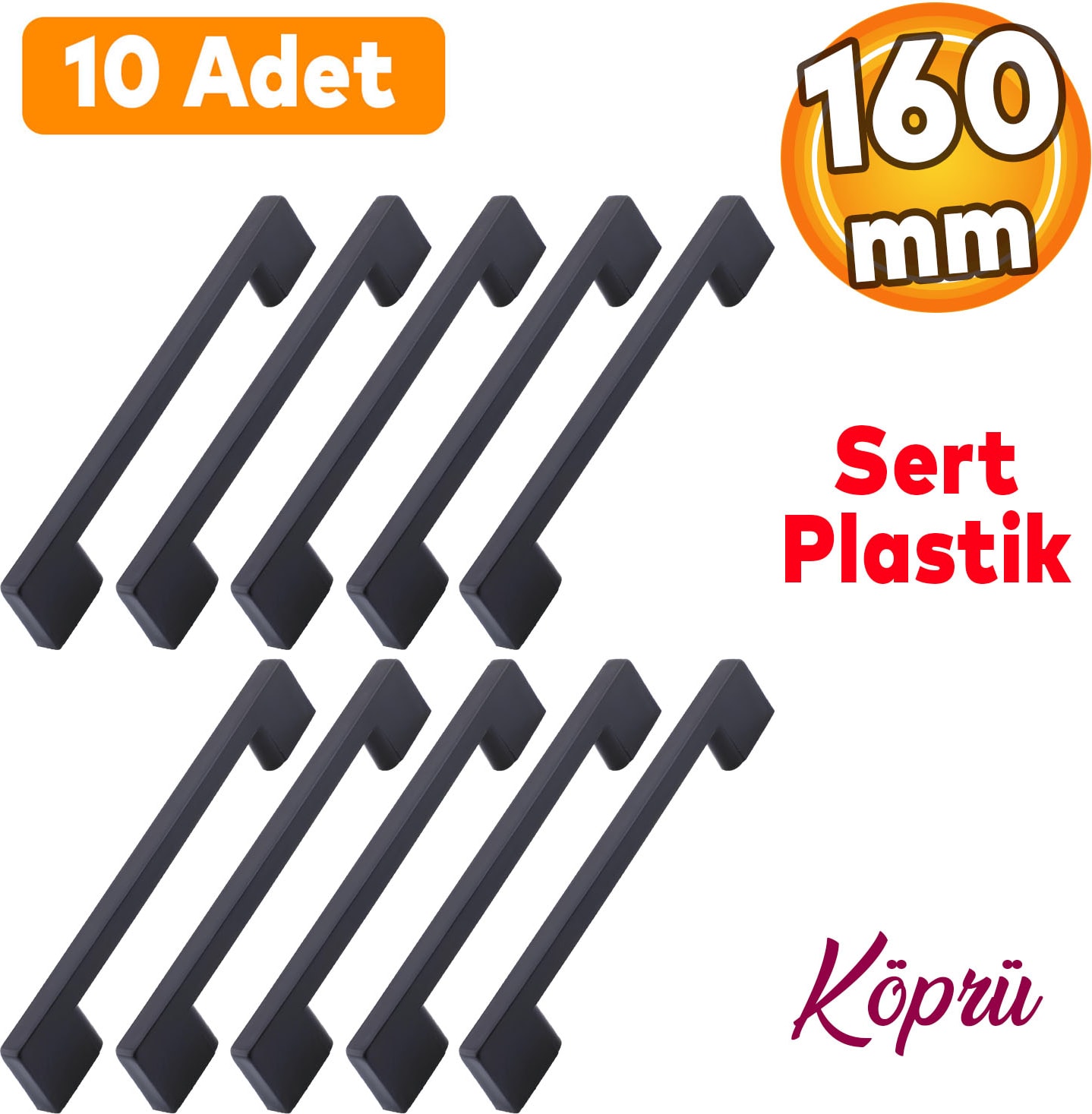 10 Adet Plastik Köprü Mobilya Mutfak Çekmece Dolabı Dolap Kapak Siyah Kulbu Kulpu Kulpları 160 mm