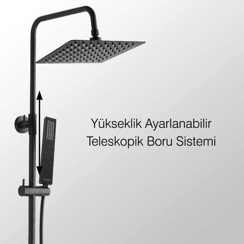 Teleskopik Kolonlu Tepe Duş Seti Robot Duş Yağmurlama Pirinç El Başlıklı Siyah KDS102-2B