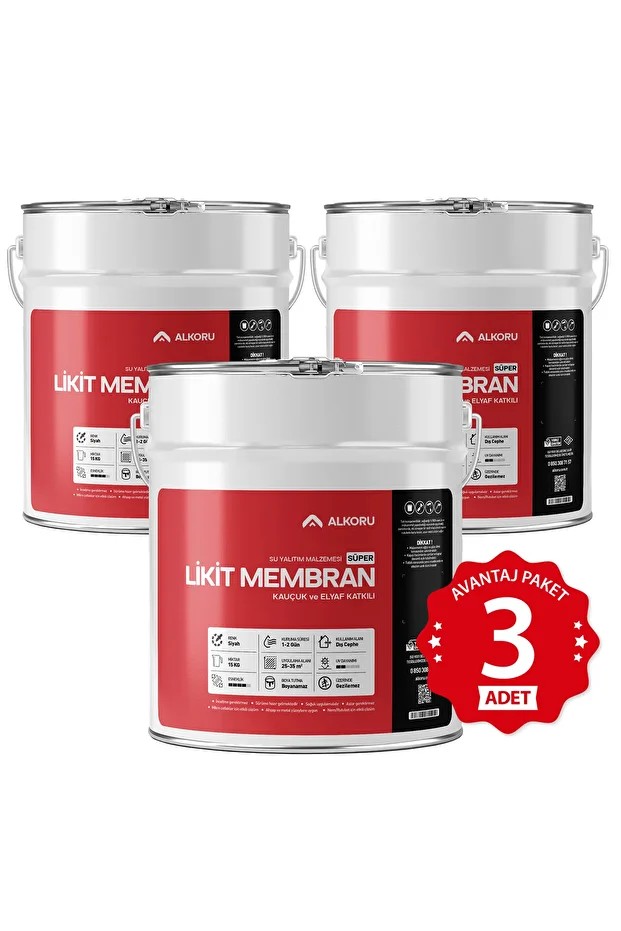 3 Adet 15 KG Süper Likit Membran Kauçuk ve Elyaf Katkılı Sıvı Su Yalıtım Malzemesi Av