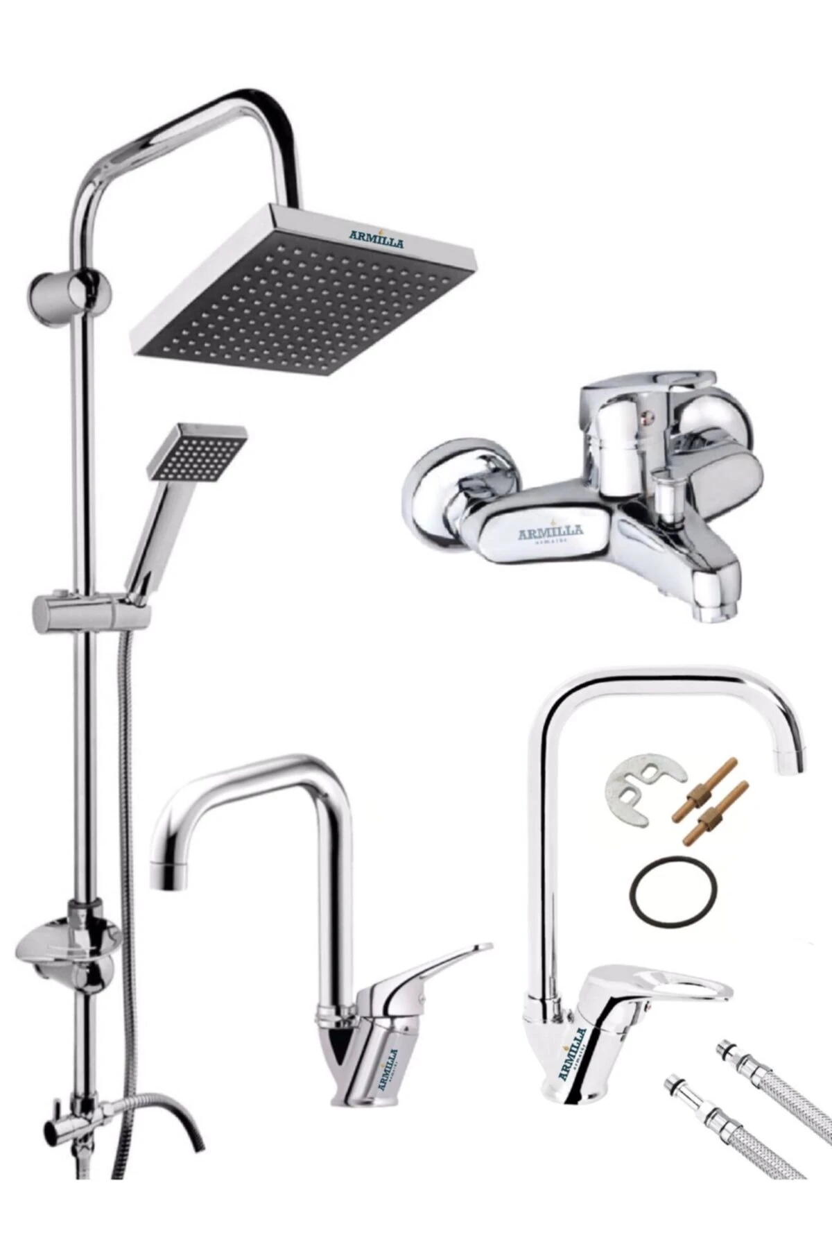 Köşe Boru 4’lü Set Robot Yağmurlama Tepe Duş Seti - Banyo - Lavabo - Mutfak Eviye Musluğu Bataryası