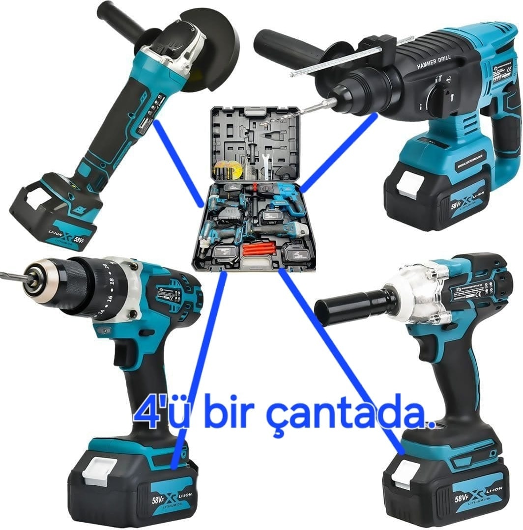 PH093 Profesyonel Şarjlı Ultra 4lü Set Takımı Kırıcı Delici Somun Sıkma Taşlama ve Vidalama Matkap 58vf