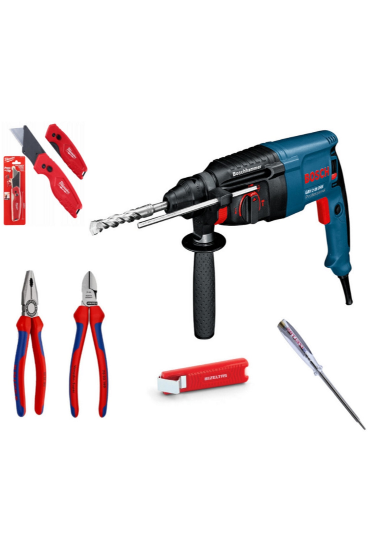 GBH 2-26 DRE 6 Parça Tam Profesyonel Usta Seti Knipex Pense Yan Keski İzeltaş Milwaukee Set