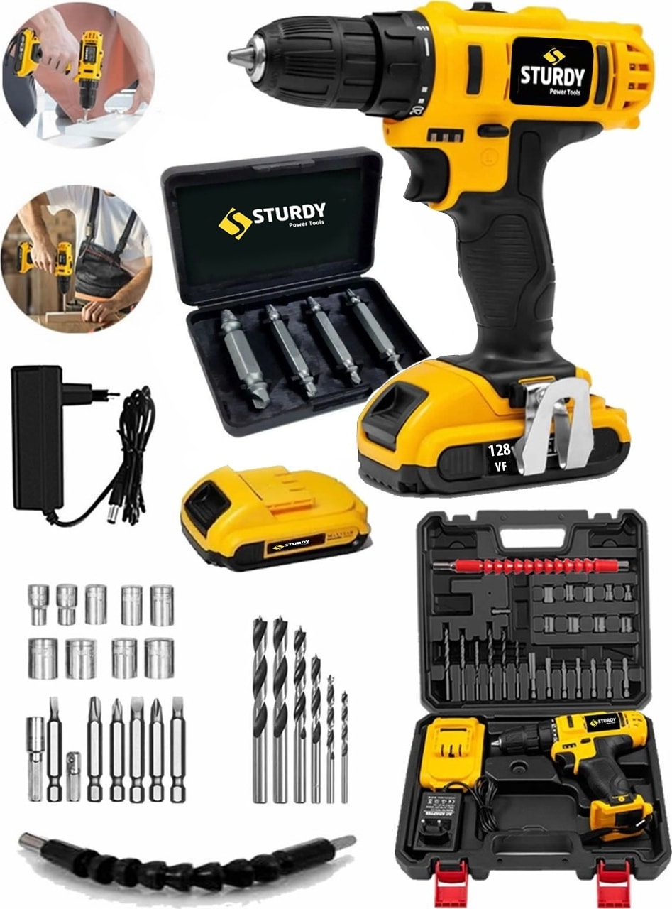 128VF 12mAH Lion Çift Akülü Darbeli Turbo Şarjlı vidalama Matkap 27 Parca Setli + Bozulmuş Vida Sökme Setli