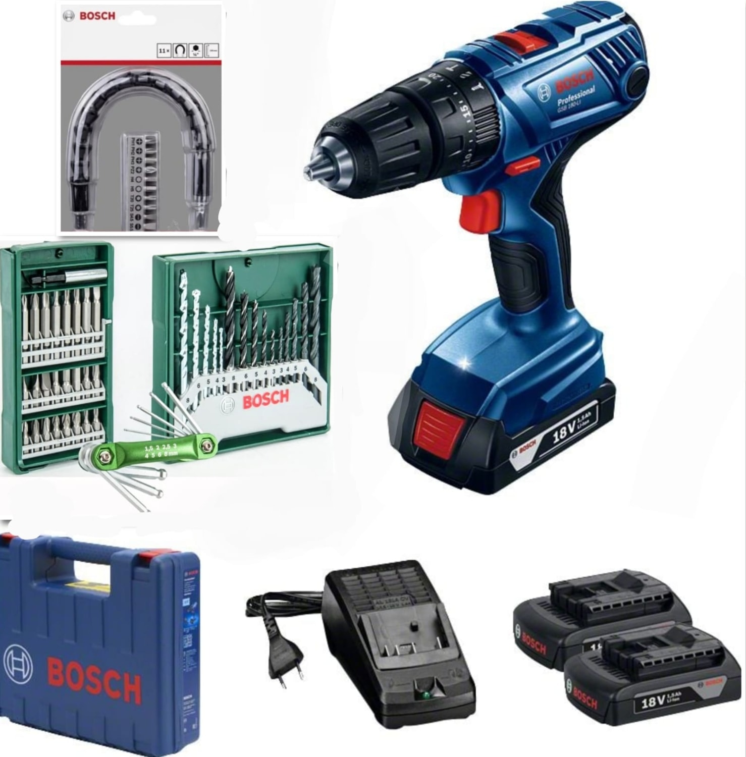 BOSCH Gsb 180'li Darbeli Matkap Vidalama Çift Batarya 52 Parça Uç Aksesuar ve Allen Takımı