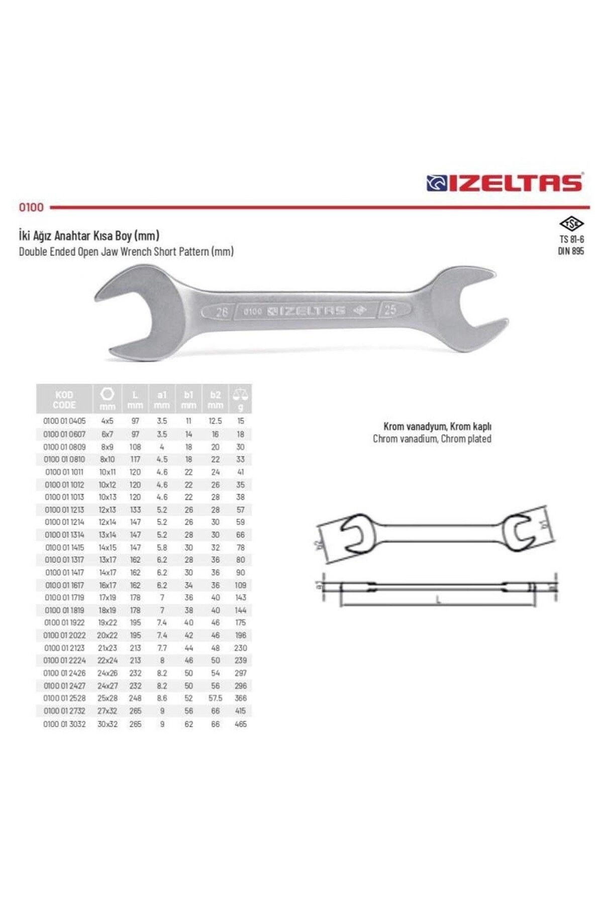 İki Ağız Anahtar Kısa Boy 18x19mm - 0100 01 1819