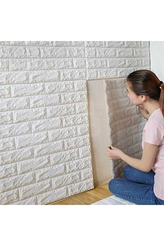 70x77 Cm 6 Adet Ekoslim 2mm Kendinden Yapışkanlı Sünger Beyaz Tuğla Duvar Paneli Kağıdı