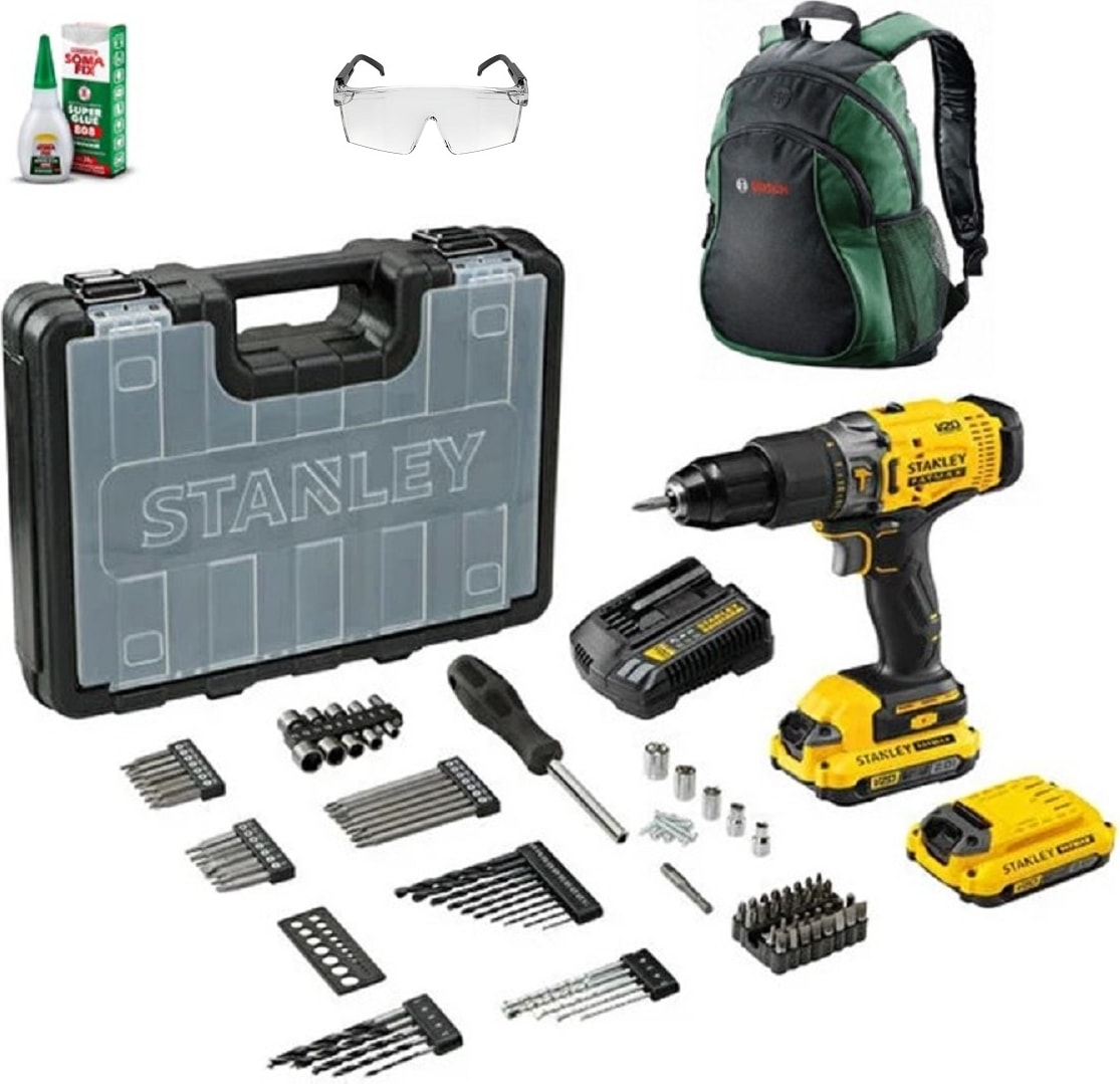STANLEY SCD718 Çift Akülü Vidalama + 100 Ad Aksesuar + Sırt Çantası + Gözlük + Yapıştırıcı Seti