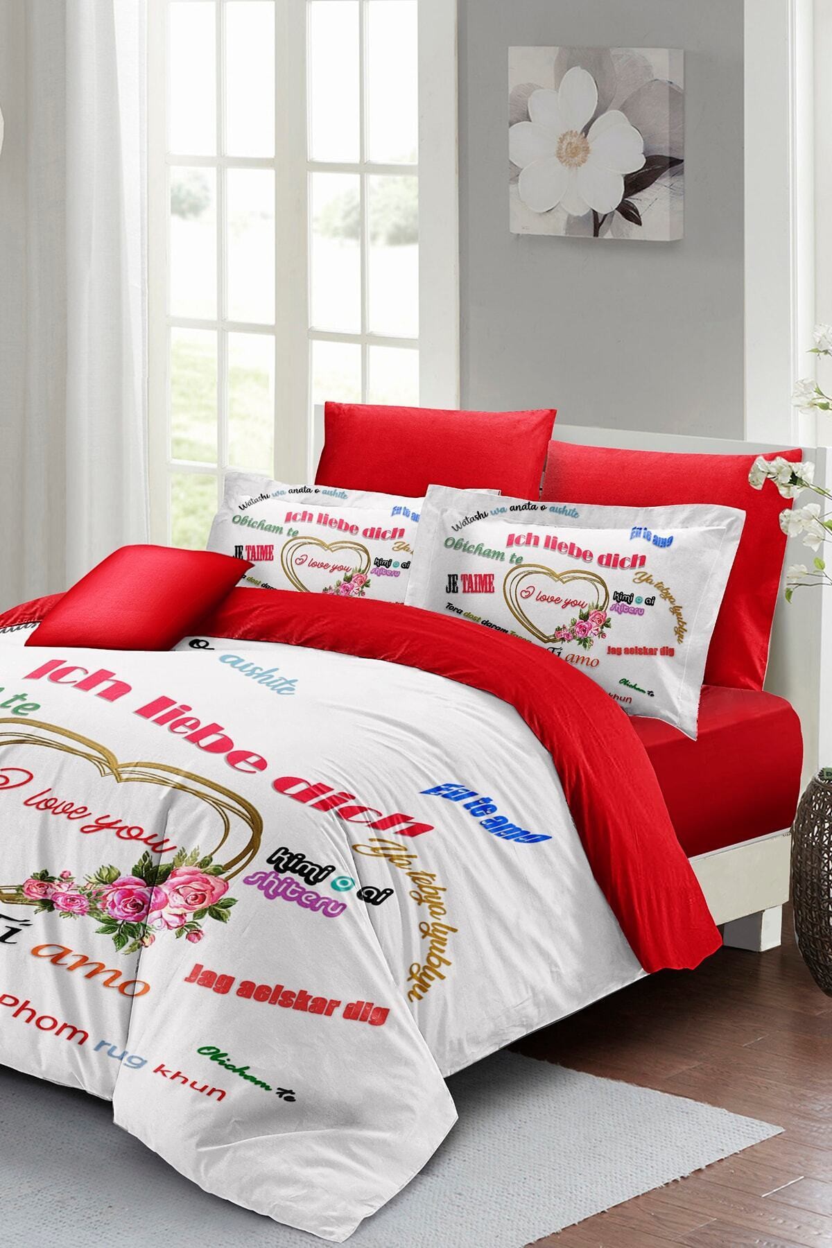 Kıng Sıze Sevgililer Günü Çift Kişilik Nevresim Takımı%100 Pamuk Saten Her Dilde Aşk 220x240cm