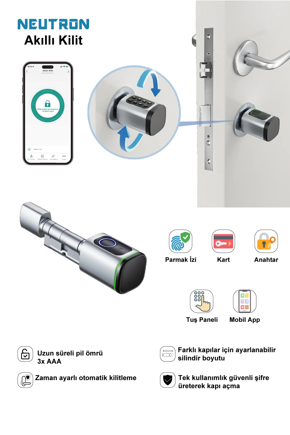 NTL-SC-02FKPW Parmak izi, Anahtarlı, Tuşlu, Kartlı ve Uzaktan Kontrollü Akıllı Kapı Kilidi Gri