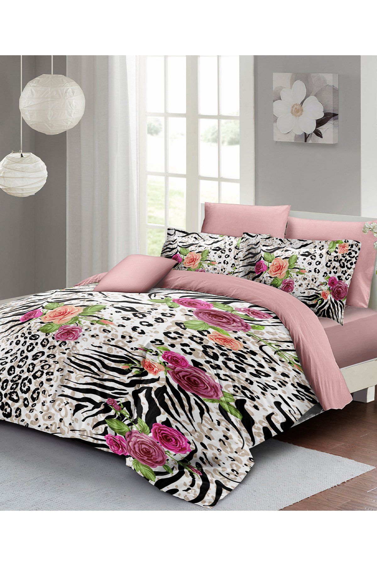 Kıng Sıze %100 Pamuk Saten Çift Kişilik Nevresim Takımı Zebra Flowers 220x240cm