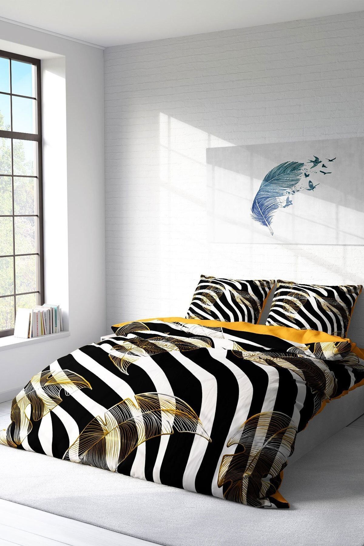 Kıng Sıze Çift Kişilik Nevresim Takımı Pamuk Saten 3d Özel Tasarım Zebra Feather 220x240cm