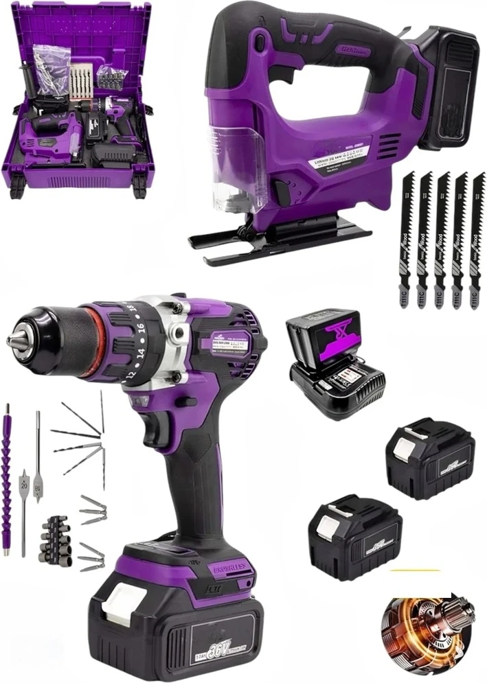 Çift Batarya 13 mm Demir Mandren Matkap Vidalama Darbeli ve Dekupaj Testere Ahşap Kesme Bakır Motor