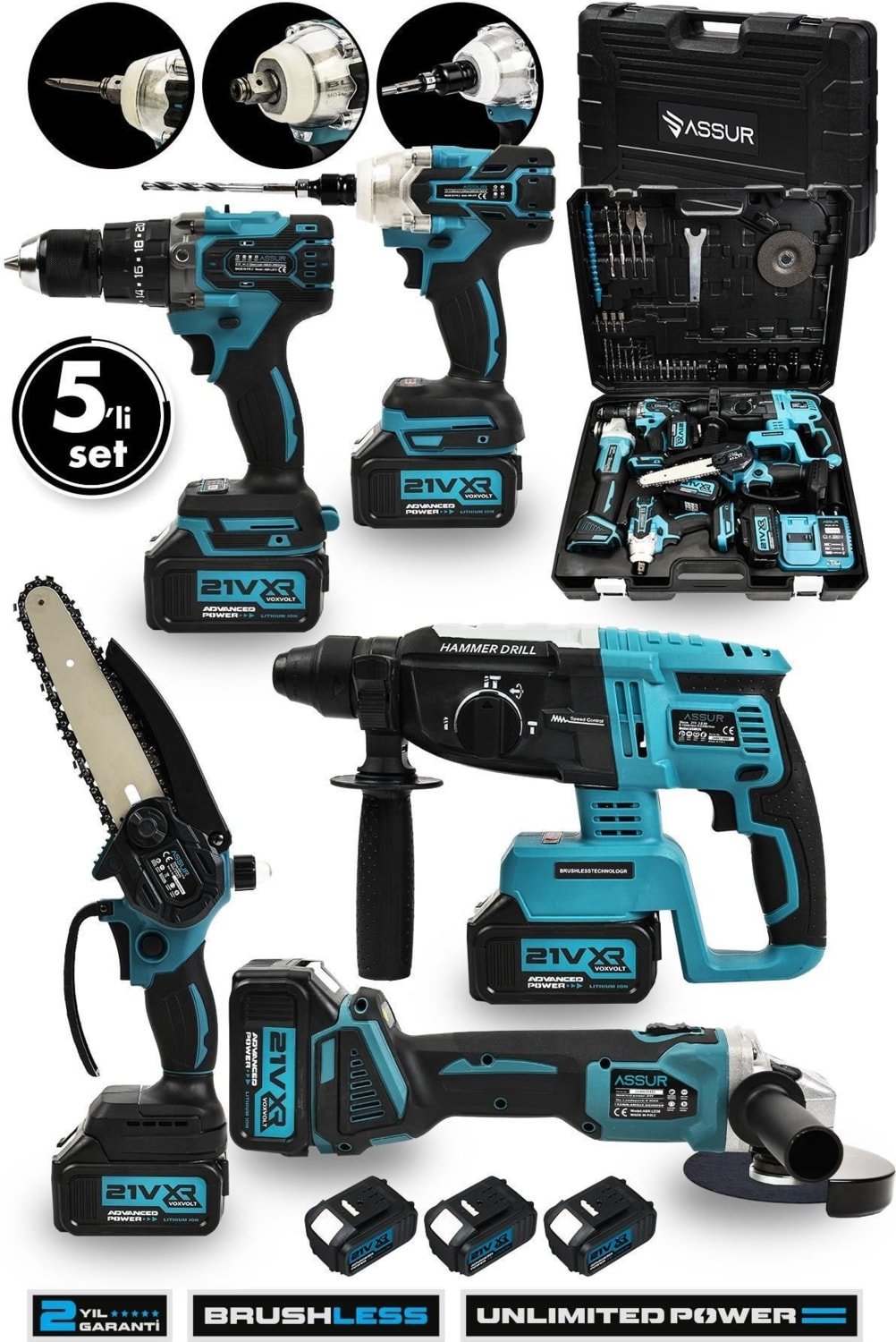 Profesyonel 21V Akülü 5'li Set Kırıcı Delici Hilti Taşlama Somun Sıkma Akülü Vidalama Budama T