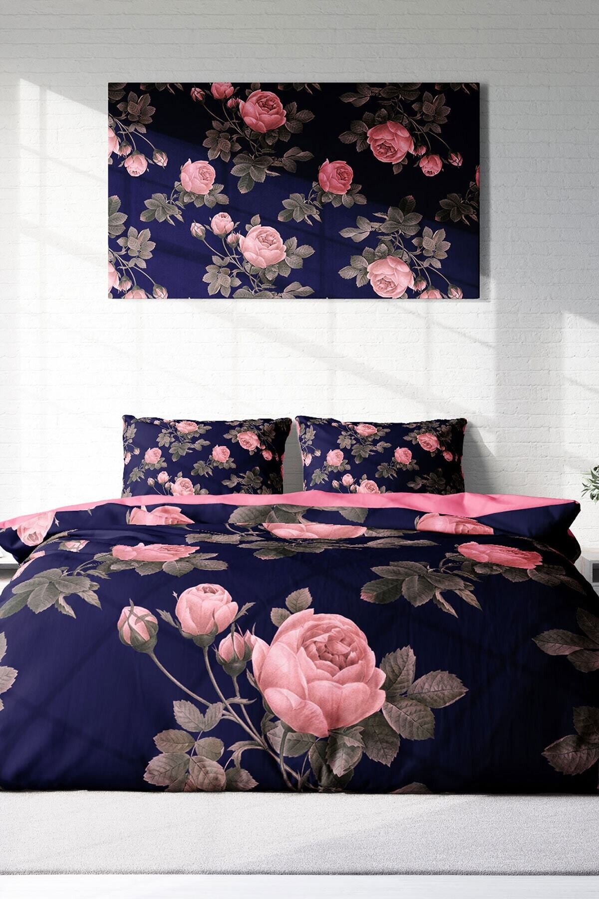 Kıng Sıze Pembe Noble Roses Naturel Çift Kişilik Nevresim Takımı 220x240cm