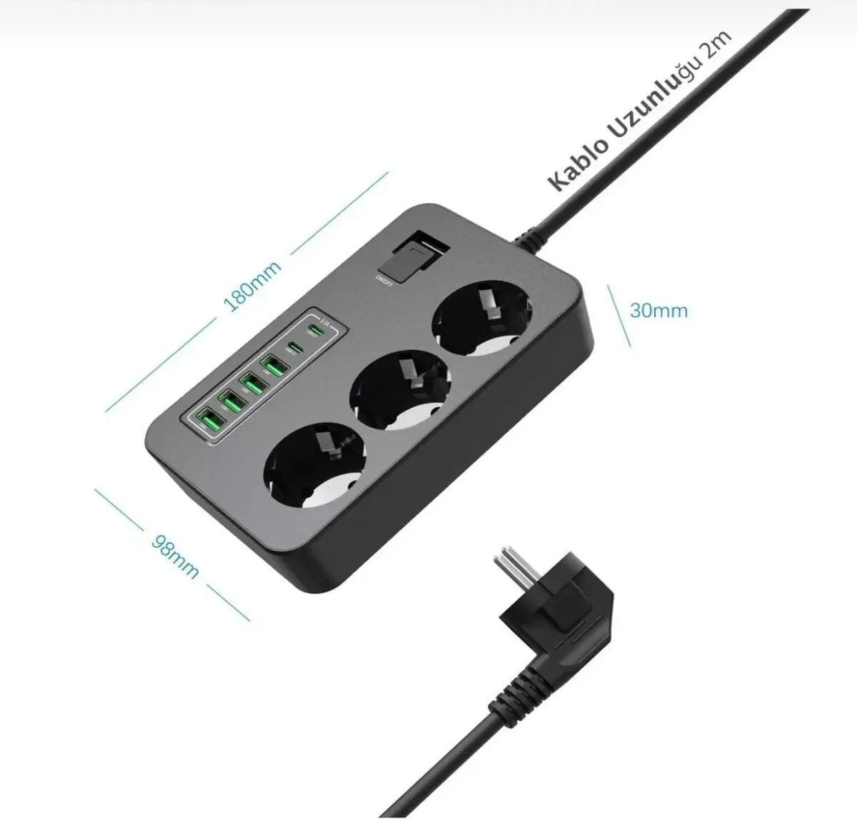 Akım Korumalı 3’lü Priz – 2x Usb-C + 4x Usb-A Hızlı Şarj | 2m Kablo | Çocuk Korumalı Çoklu Priz