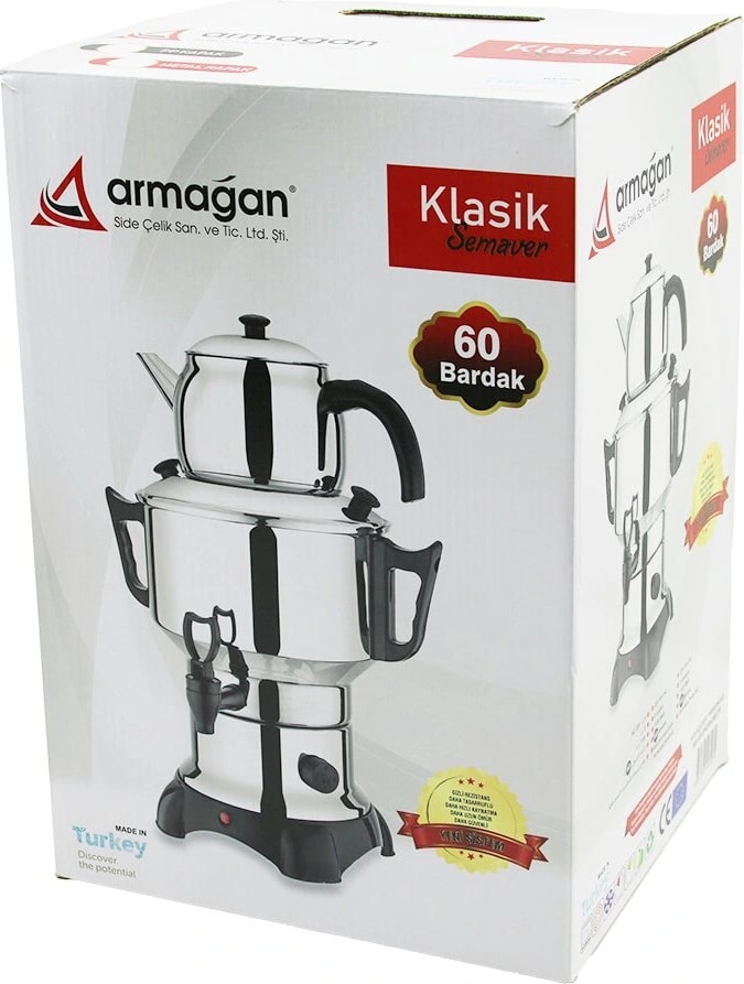 Klasik Çay Seti=demlik - Su Kazanı Elektrikli Semaver 60 Bardak 6lt - Tek Musluk 1500W Gizli Rezistans (5047)
