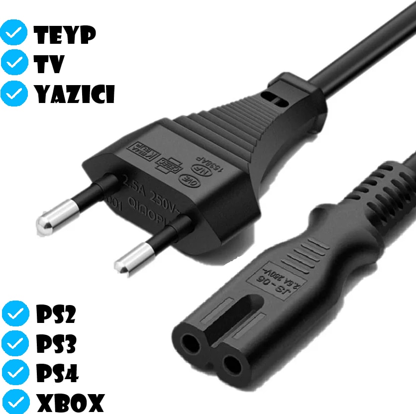 Teyp Radyo Yazıcı Elektrik Power Güç Kablosu Fişi Ps2/3/4 2 Pin C7 (1.5 Metre)