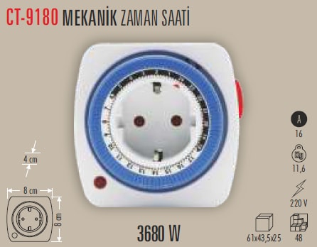 Zaman Ayarlı Mekanik Priz |  Zaman Saati (CT-9180)