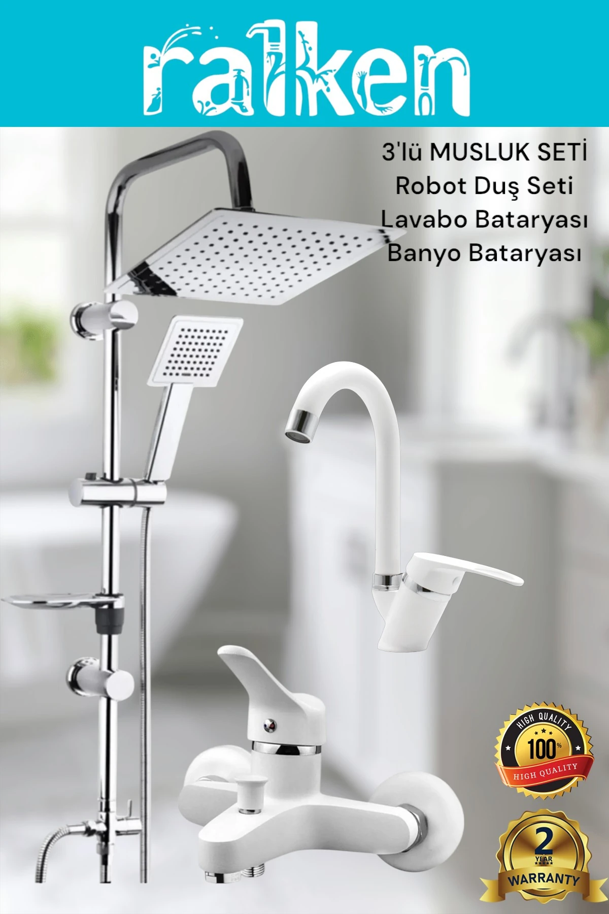 Lüx Beyaz 3’lü Banyo Musluk Seti Robot Tepe Duş, Banyo, Lavabo Bataryası Musluğu Banyo Seti