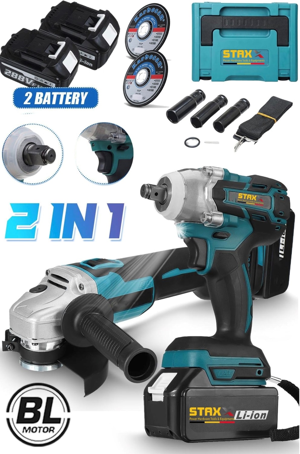 Çantalı 2li Süperturbo Bl Motor Şarjlı Taşlama Spiral Şarjlı Somun Sıkma Sökme Setli 58VF 2000AH