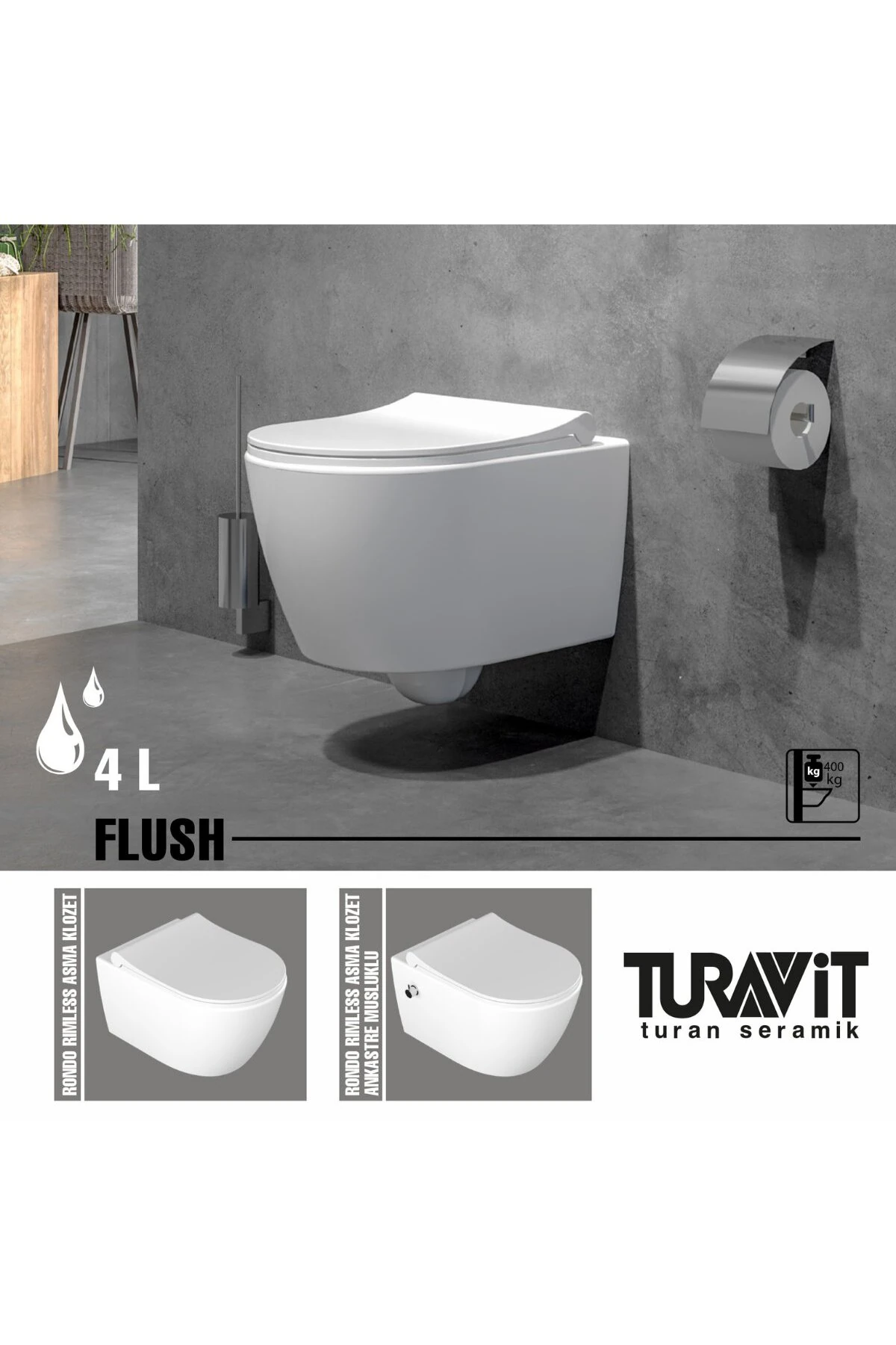 Turavit Rondo Beyaz Kanalsız Asma Klozet RND5512, Nkp Grande Yavaş Kapak