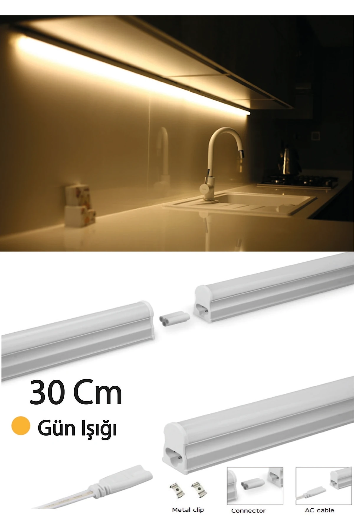 Mutfak Tezgah Aydınlatması-raf Aydınlatması Armatür 30cm Led Anahtarlı Set- Gün Işığı