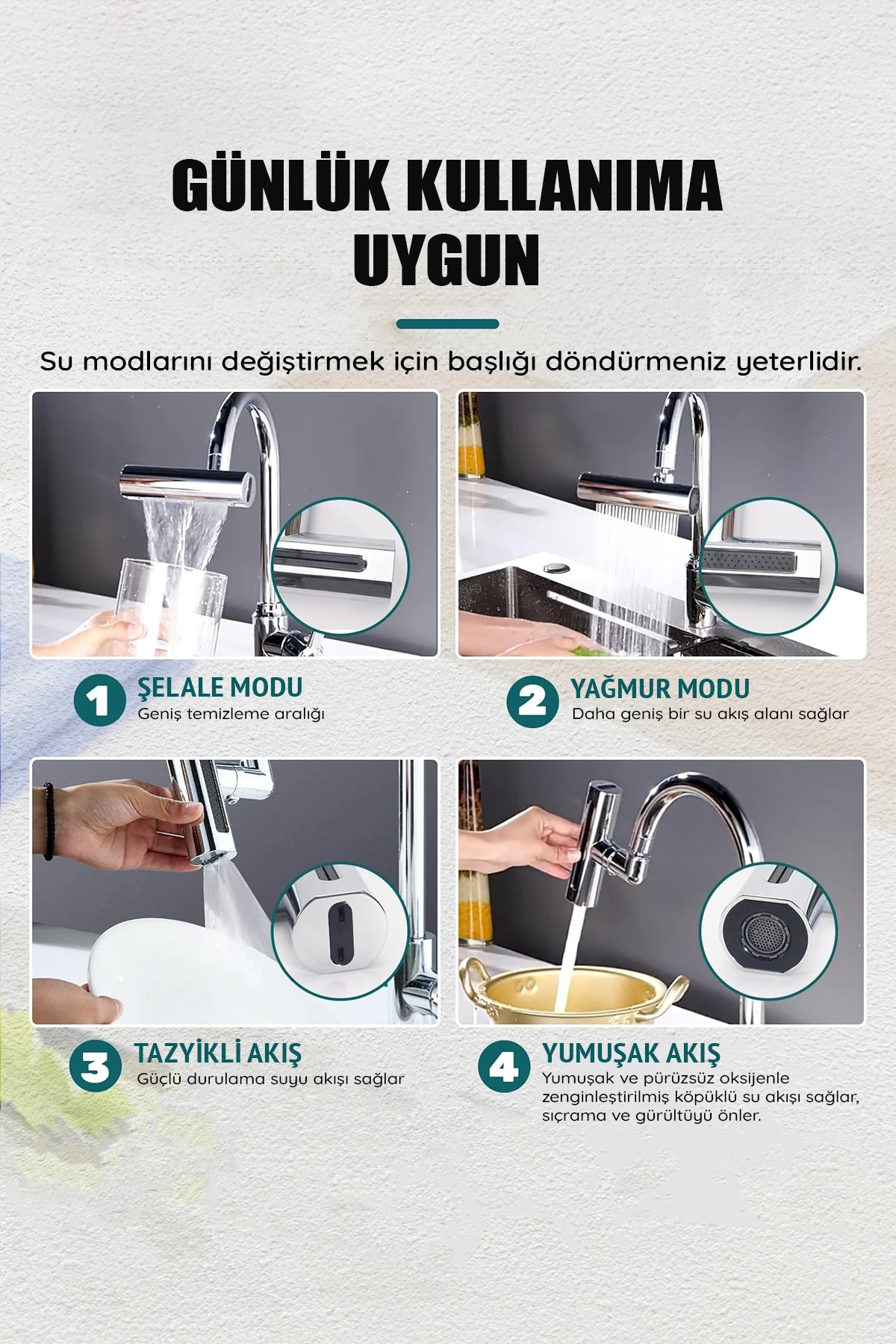 Akıllı Musluk Başlığı 4 Kademeli Ayarlanabilir Mutfak Armatür Lüx Lavabo Musluk Başlığı Yeni Nesil