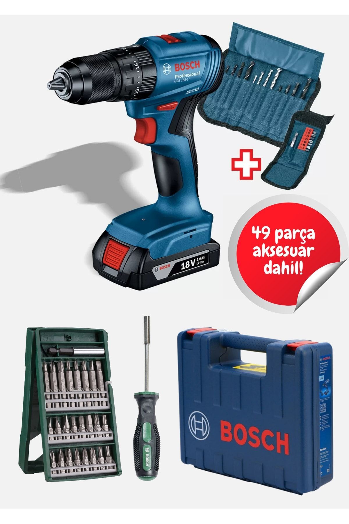 BOSCH Gsb 185-li Tek Akülü Kömürsüz Darbeli Matkap Vidalama Şarjlı Matkap + 49 Parça Uç Aksesuar Set