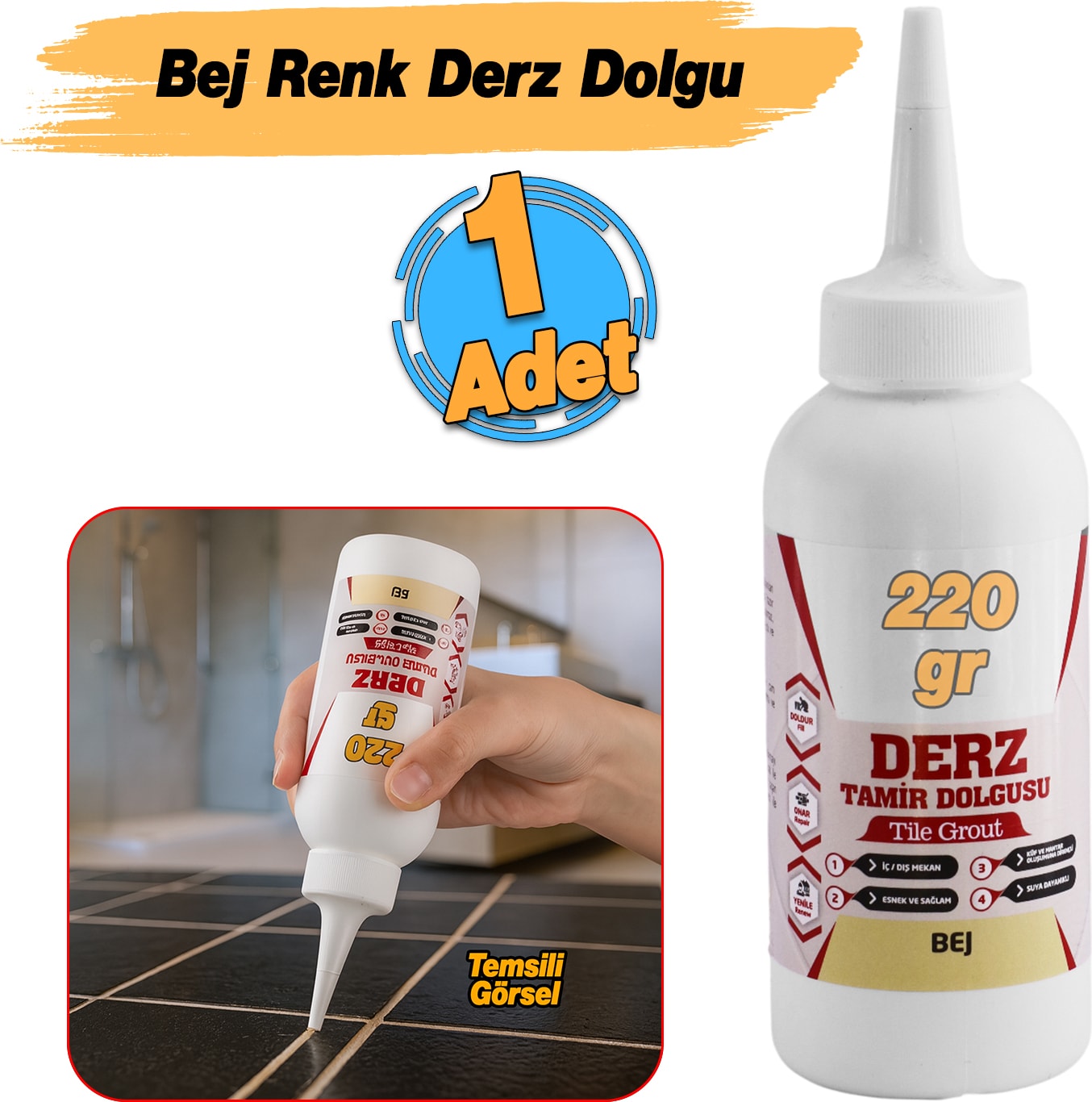 Bej Renk Hazır Derz Dolgu Fayans Seramik Mermer Yer Duvar Için Tamir Derz Yenileme Dolgusu 220 gr