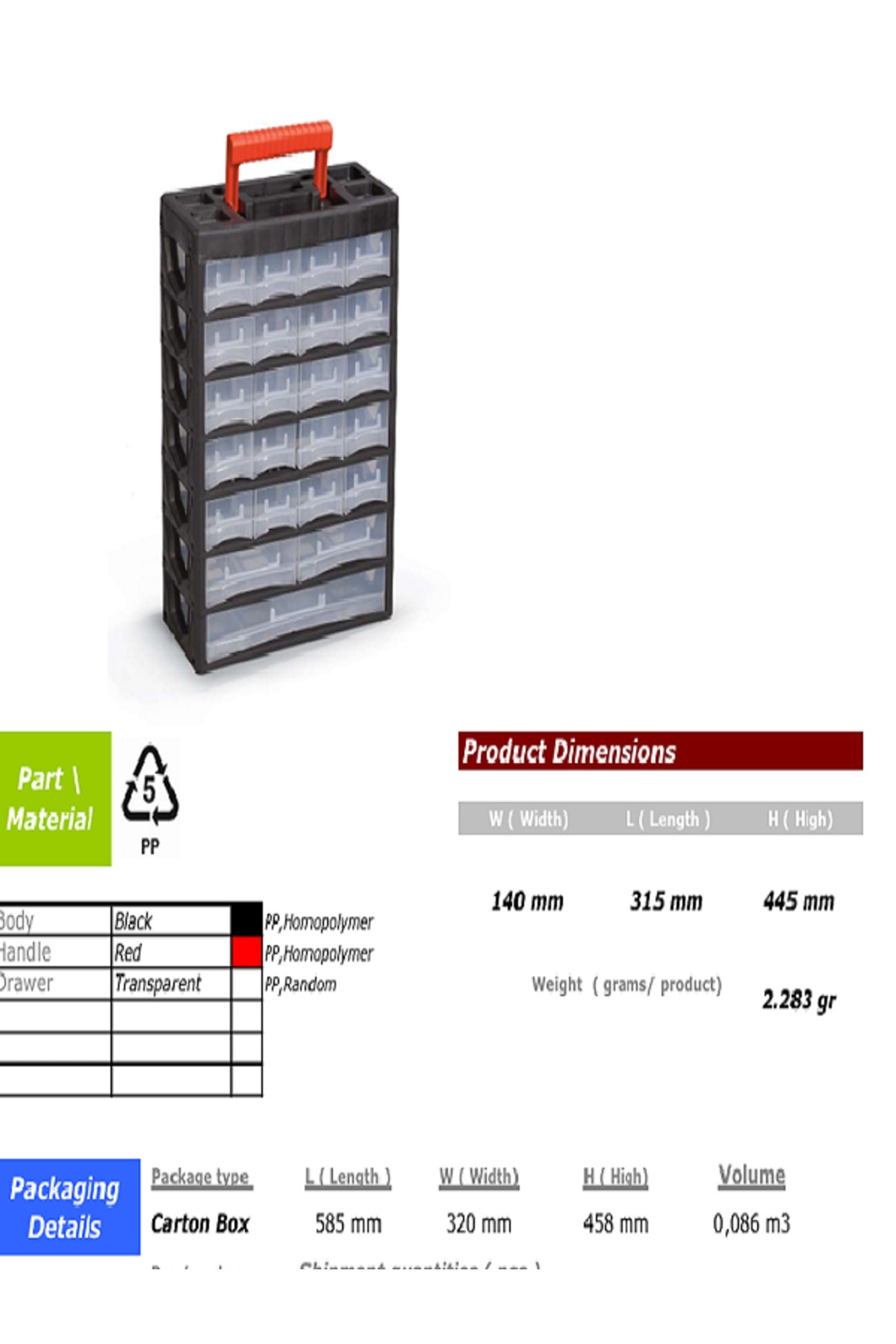 VİDA ÇEKMECELİ 7 SIRA 43 ÇEKMECELİ 140X315X445 PL.05 CABY SET