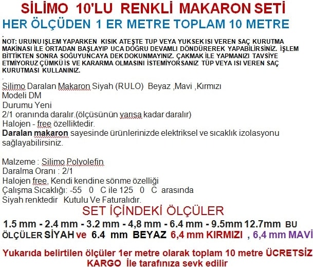 Daralan Makaron 10'lu Renkli Set (1'er Metre)