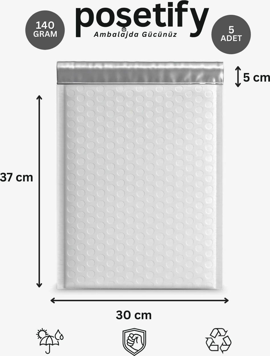 Balonlu Beyaz Kargo Poşeti 30X37+5 cm 5 Adet E-Ticaret Poşeti | 140 gr Bantlı Patpatlı Kargo Poşeti