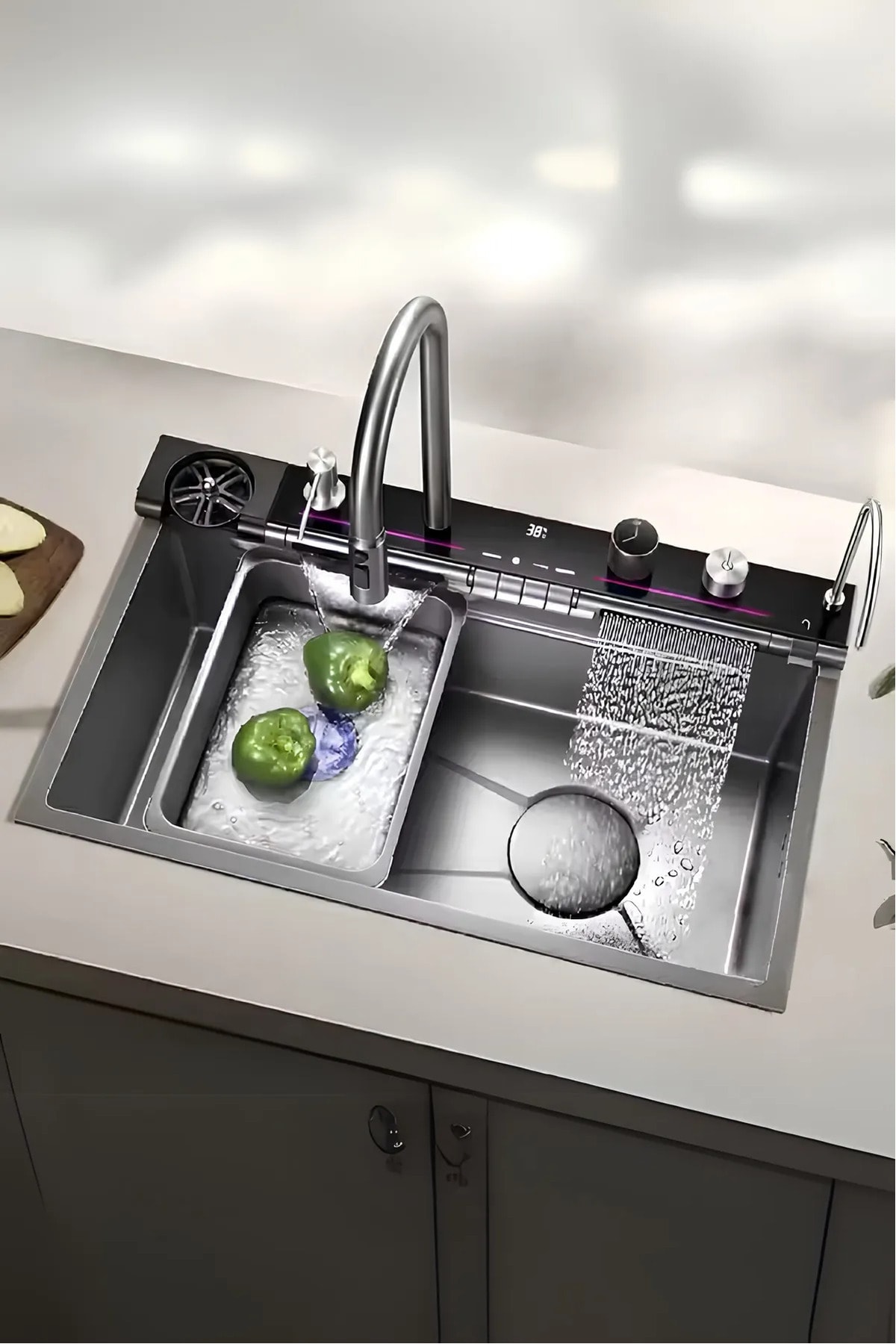 Premium Akıllı Teknolojik Eviye Seti Paslanmaz Çelik 4 mm Evye Tüm Aksesuarlar Dahil 9 Foksyn