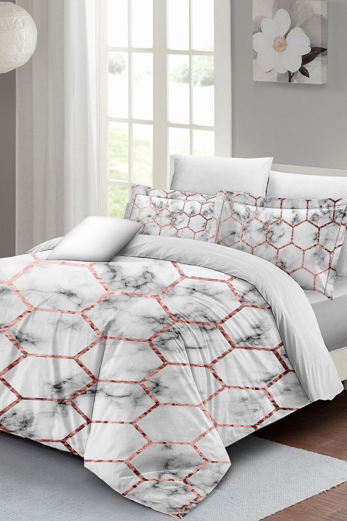 Lastikli Çarşaflı %100 Pamuk Saten Çift Kişilik Nevresim Takımı Marble Geo