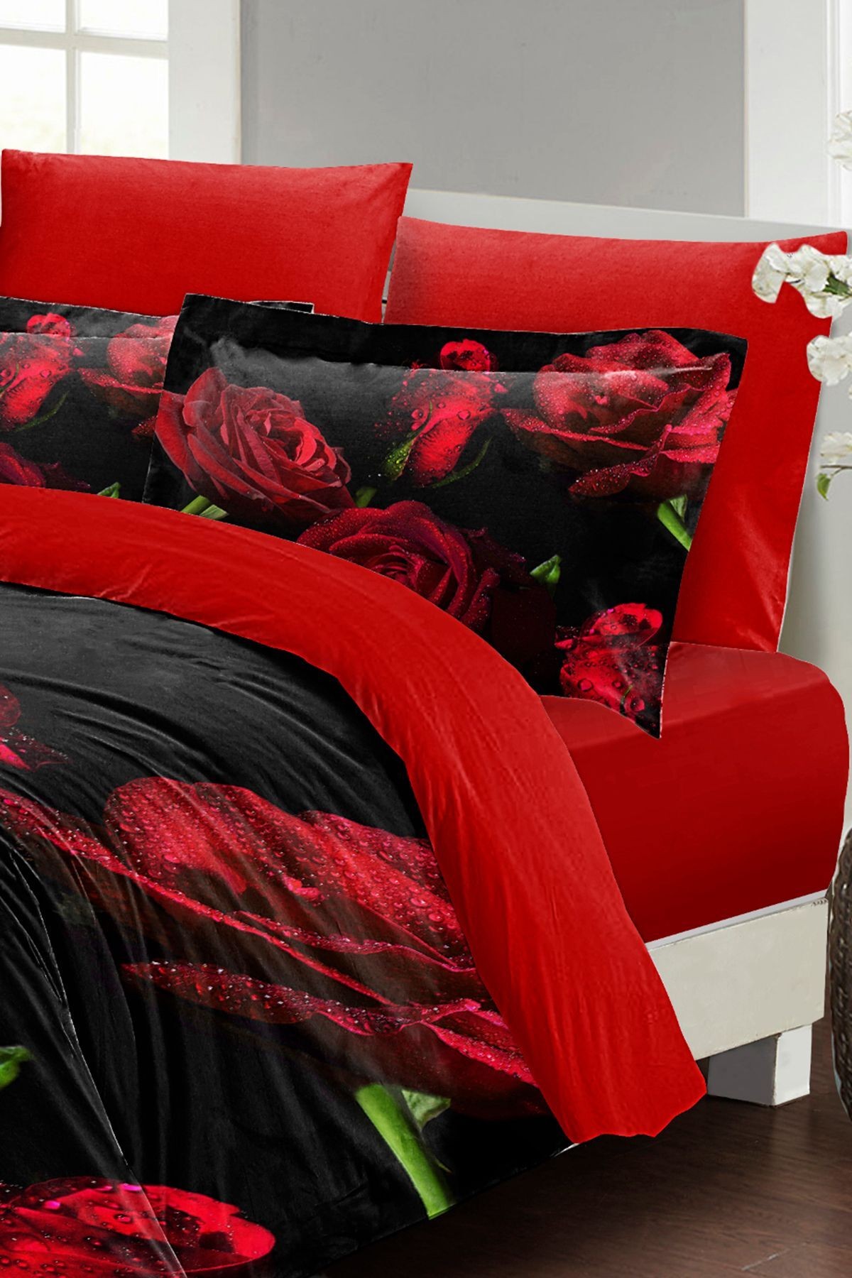 Nevresim Takımı %100 Doğal Pamuk Çift Kişilik 3d Digital Water Drop Rose