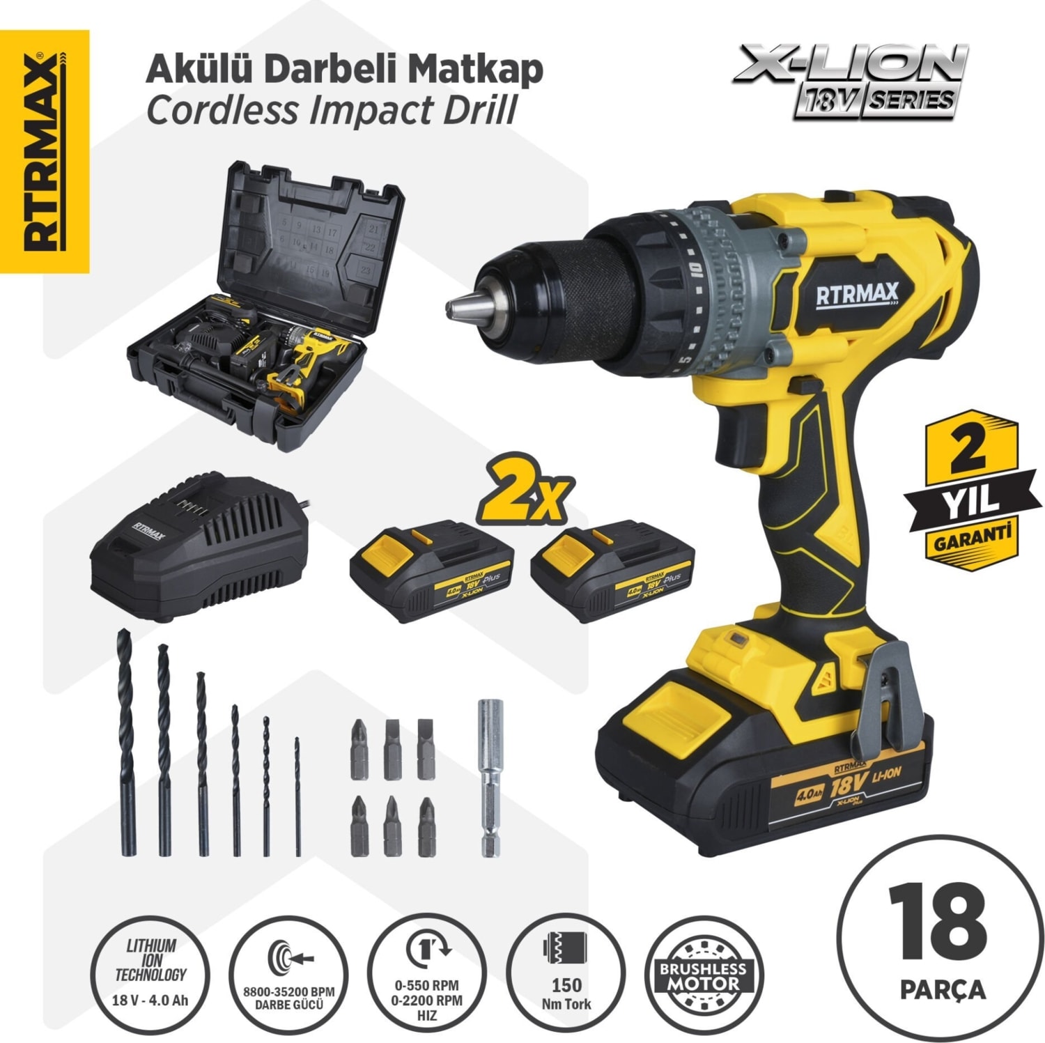 RTX3020 Şarjlı Darbeli Matkap Kömürsüz 150 Nm 2x4 Ah Plus Çift Akü Hızlı Şarj X-Lion - Akü Dahil