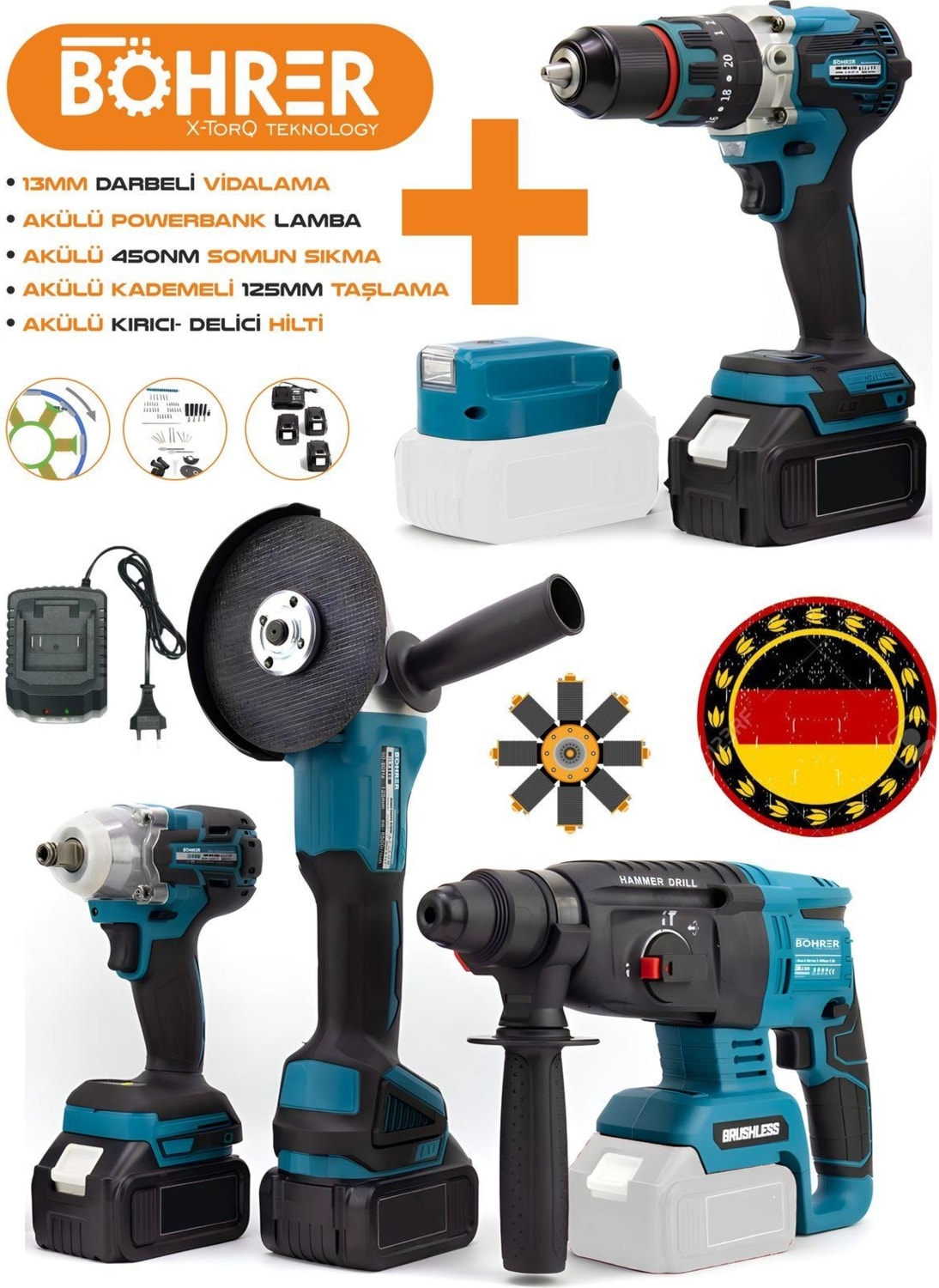 5'li Set Akülü Akülü Kırıcı Delici Hilti, Darbeli Vidalama, Somun Sıkma ,taşlama Makinesi+Power Işık