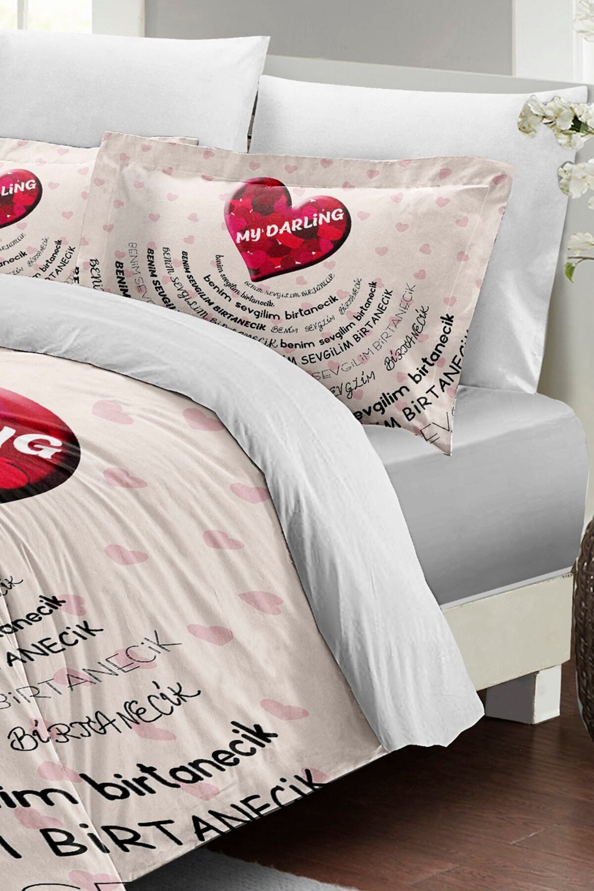 Kıng Sıze Sevgililer Günü Çift Kişilik Nevresim Takımı%100 Pamuk Saten Darling White 220x240cm