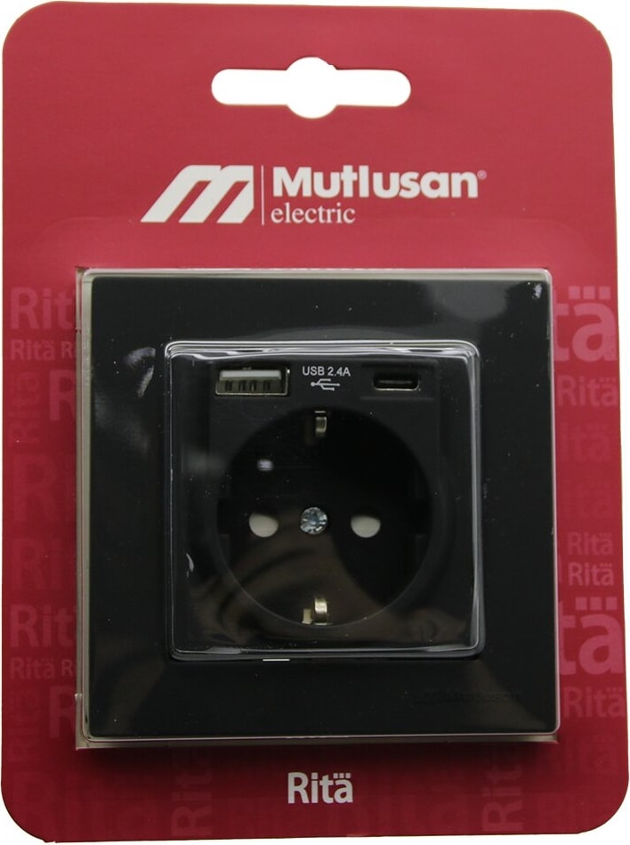 RİTA-2220 629 0284 Blisterli - Kartlı Siyah - USB + Type-C &amp;apos; Li Topraklı Priz Çerçeveli