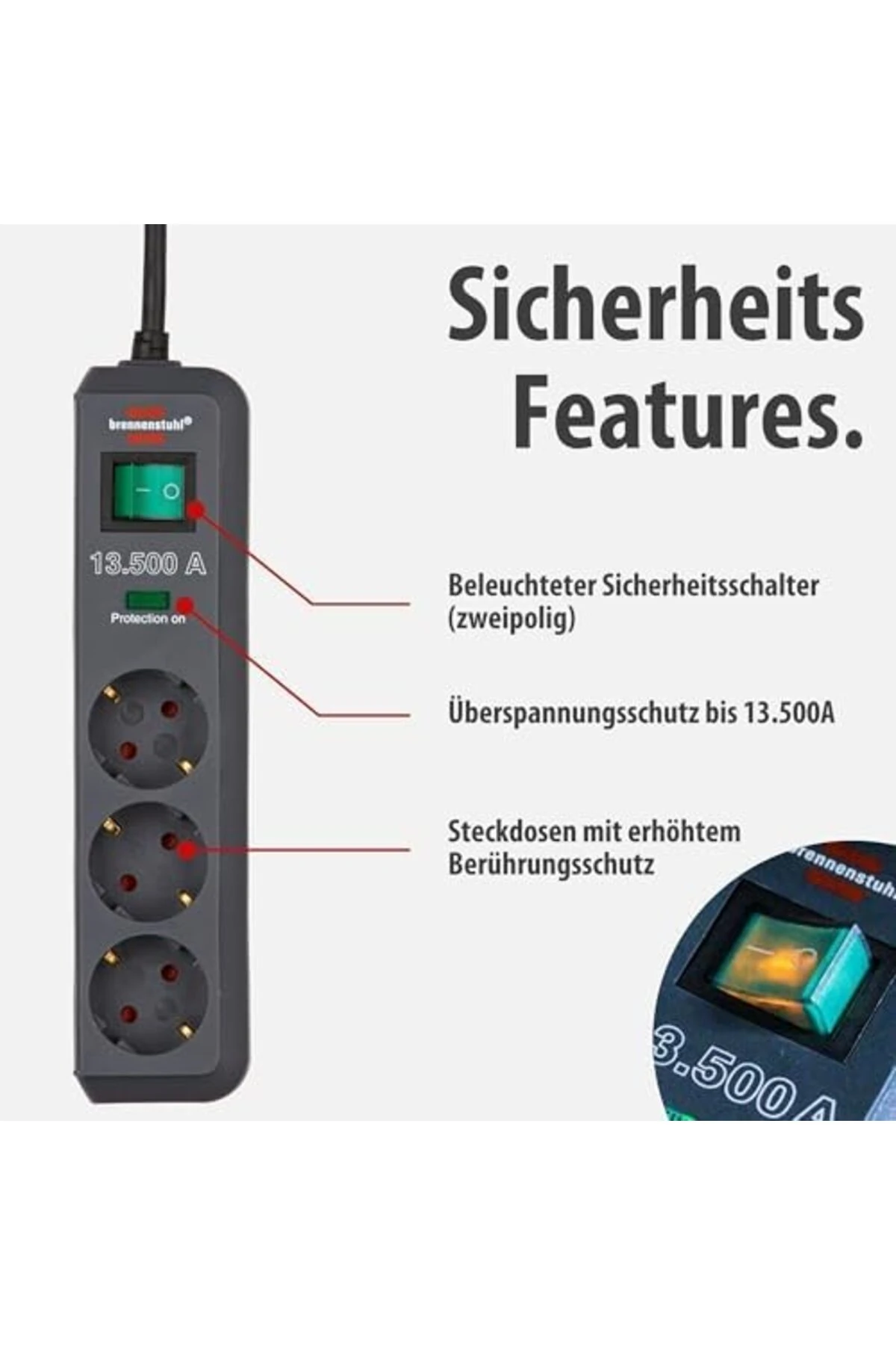 pltnstoreshop Eco-Line, 3'lü çoklu priz, yüksek gerilim korumalı (anahtarlı çoklu priz ve 1,5 m