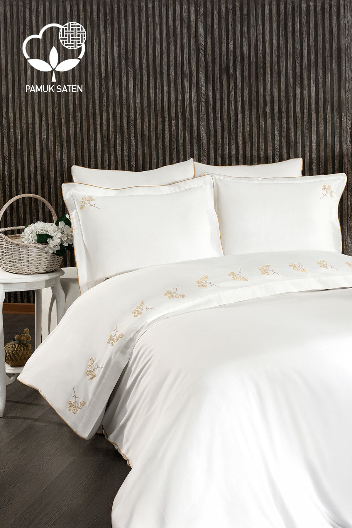 Sementa Çiçek Nakışlıi Pamuk Saten Super King Size 6 Parça Nevresim Takımı