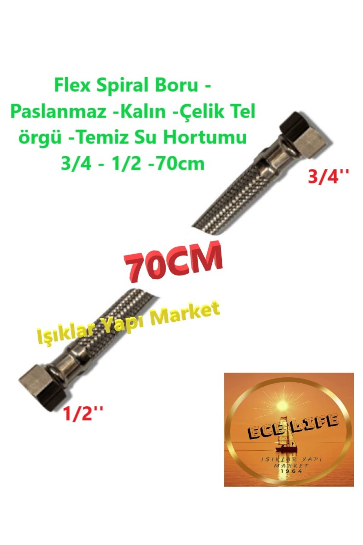 Flex Spiral Boru -Paslanmaz -Kalın -Çelik Tel örgü -Temiz Su Hortumu 3/4 - 1/2 -70cm