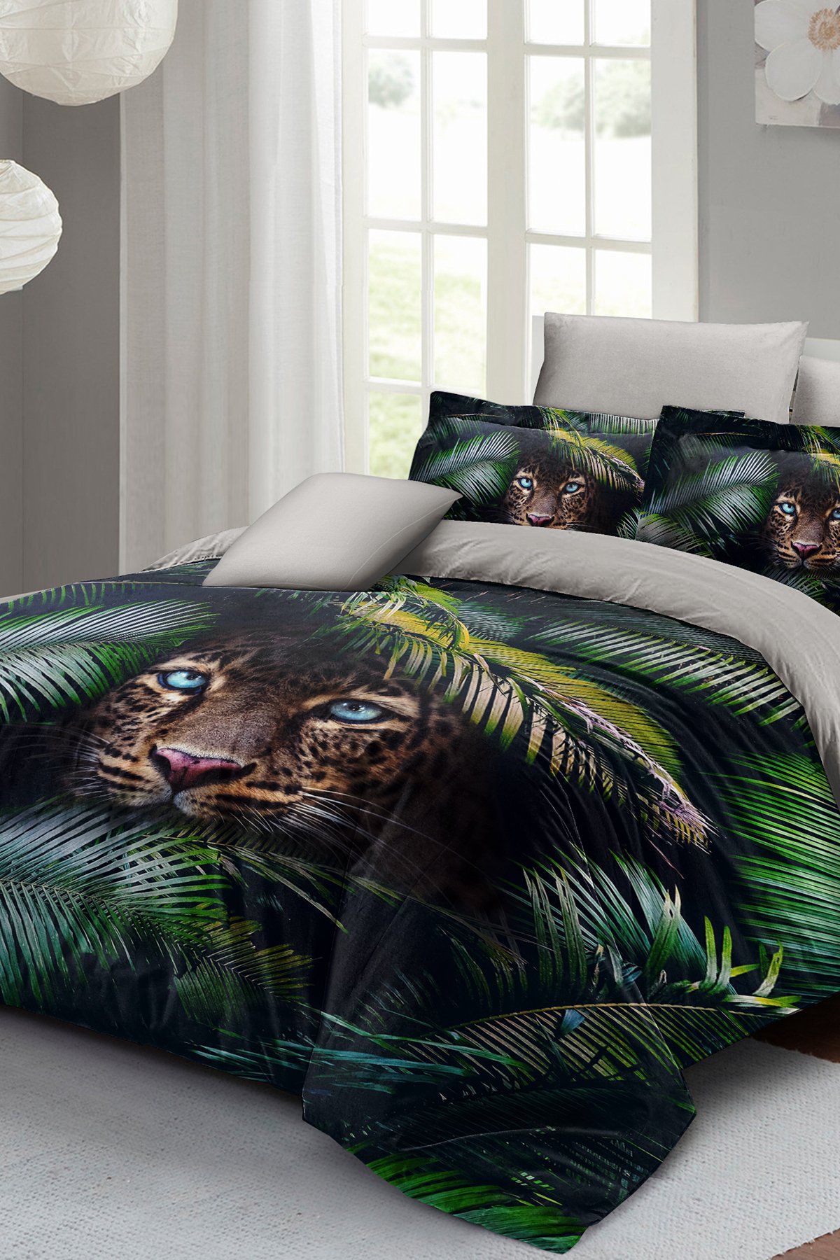 Kıng Sıze %100 Pamuk Saten Çift Kişilik Nevresim Takımı Jungle Leopard 220x240cm