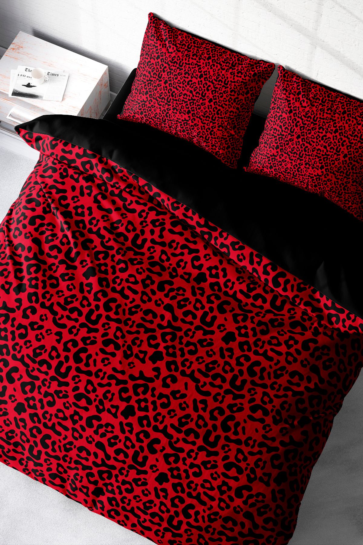 %100 Pamuk Saten 3d Çift Kişilik Nevresim Takımı Red Leopar