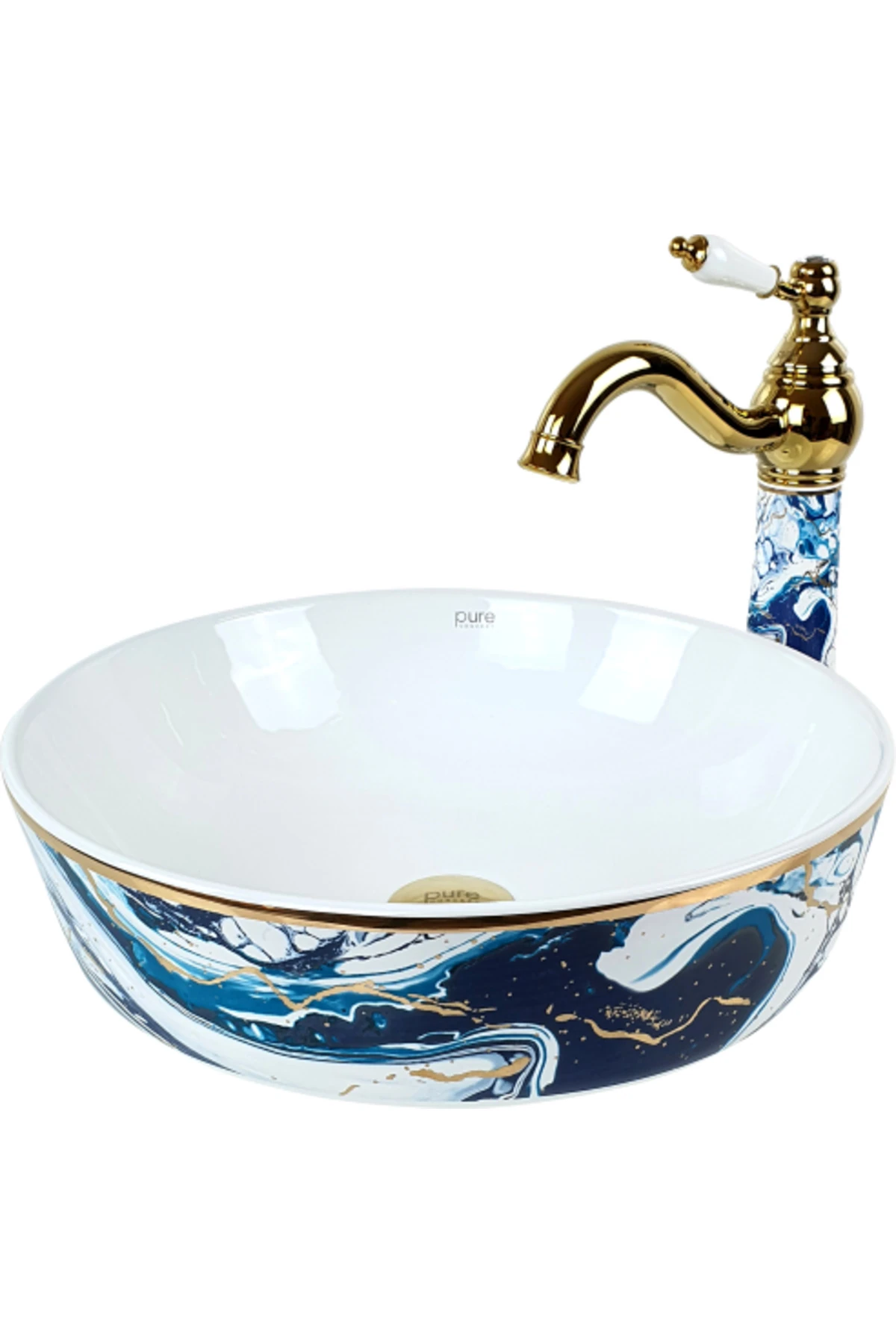 Pure Ebru Mavi Altın Tezgah Üstü Çanak Lavabo Tr-131