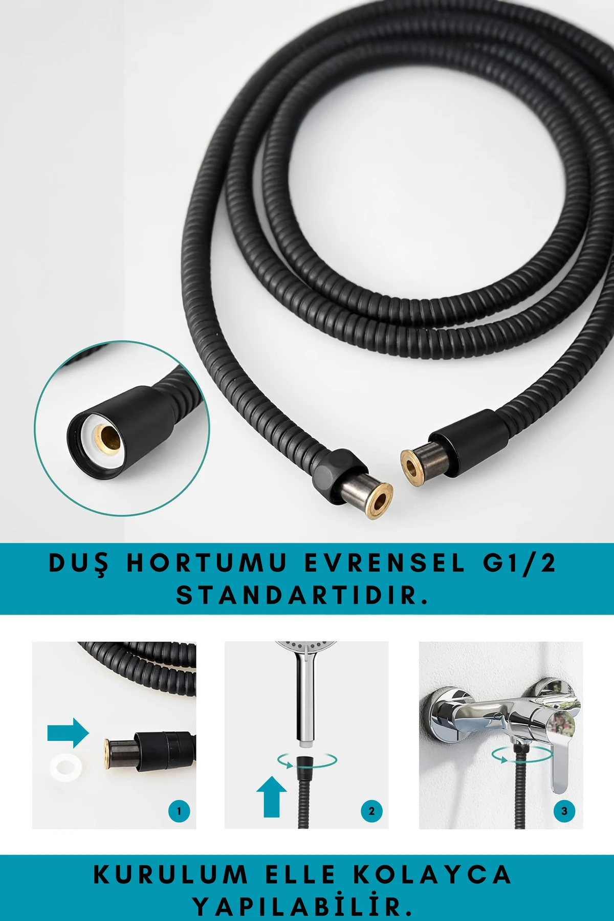 Banora Spiral Duş Başlığı Hortumu, Paslanmaz, G1/2" İçin Uygun Standart Bağlantı, 150 cm, Siyah