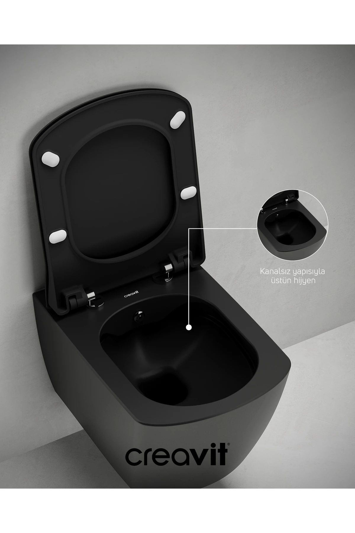 Elegant Kömür Karası Kanalsız Asma Klozet EG321, Elegant Duroplast Yavaş Kapak